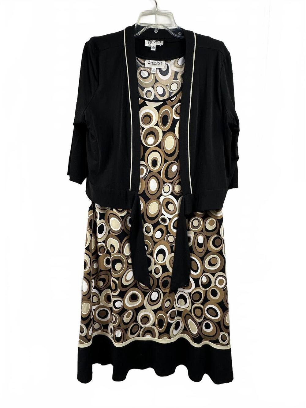 Studio I Two-Piece Dress Set Size 18 Black and Brown Circle Print Polyester Spnd